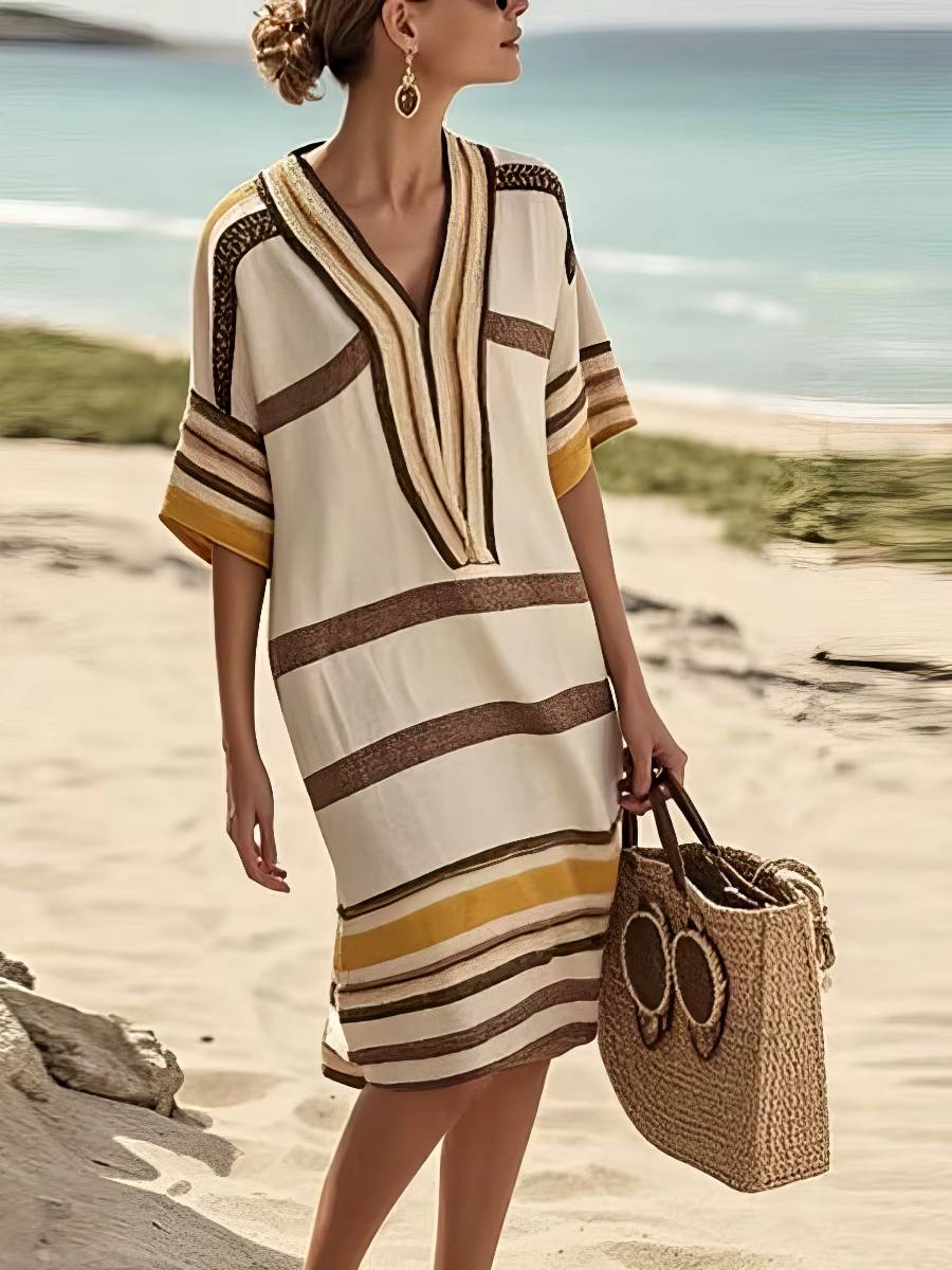 Robe Beige Et Marron Estivale Rayée Style Caftan Coupe Fluide