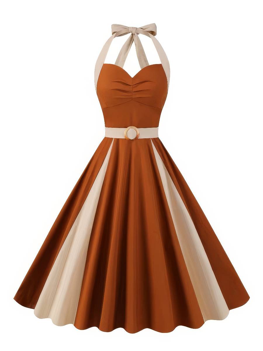 Robe Beige Et Marron Rétro Année 50 Col Noué Jupe Patineuse