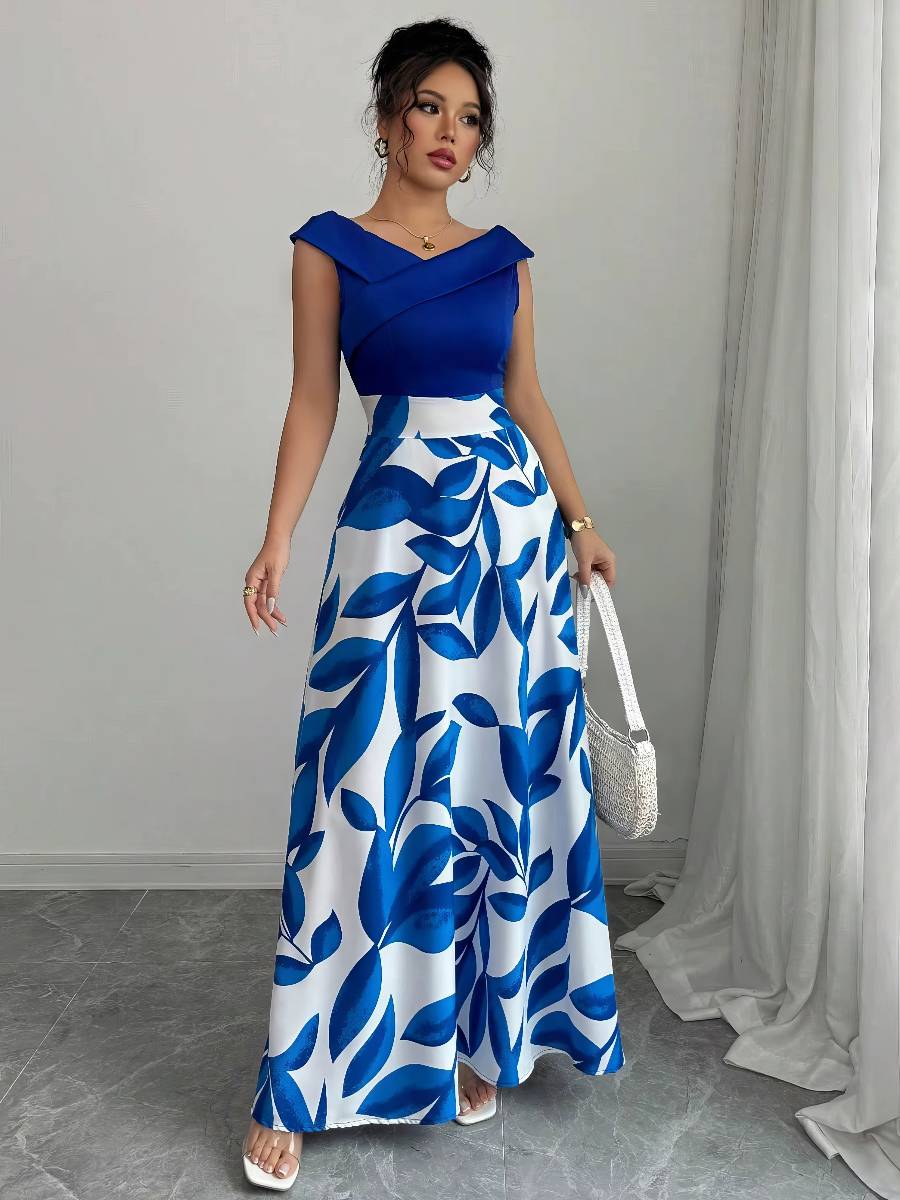 Robe Bicolore Blanc Bleu Longue Style Soirée