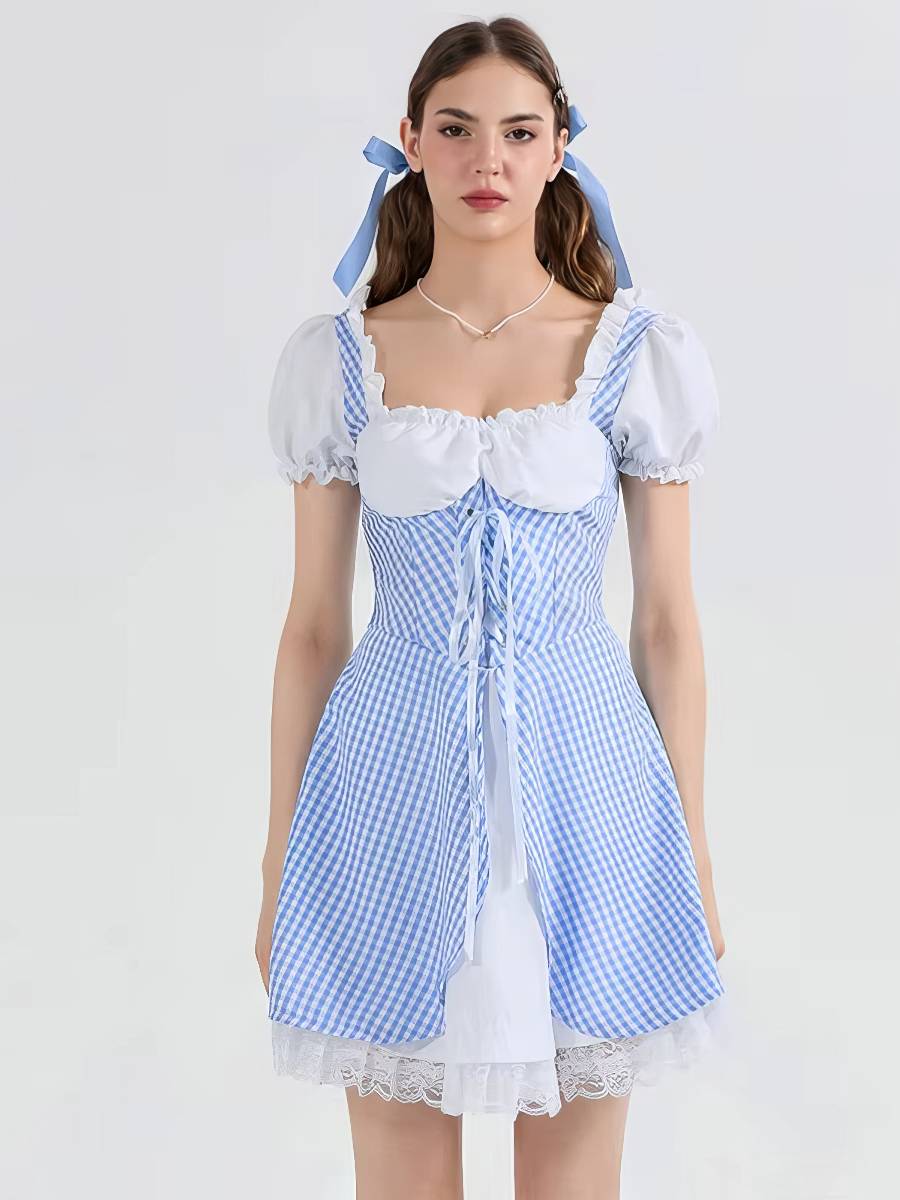 Robe Blanc Bleu À Carreaux Vichy Rétro