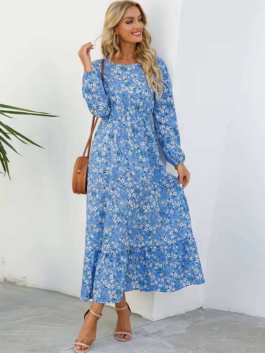 Robe Blanc Bleu Longue Style Bohème