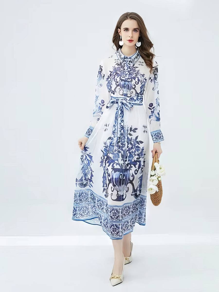 Robe Blanc Bleu Maxi Élégante Ceinturée