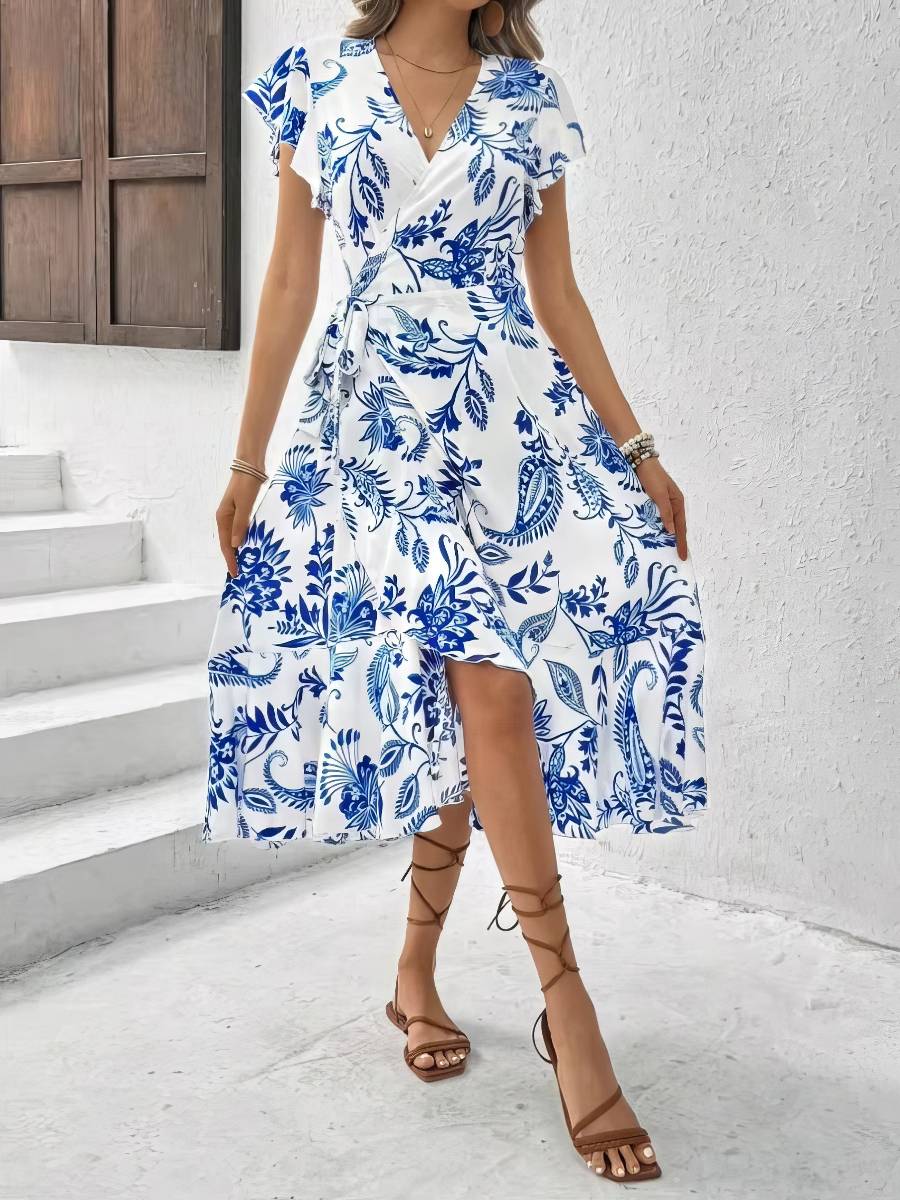 Robe Blanc Bleu Portefeuille Style Été