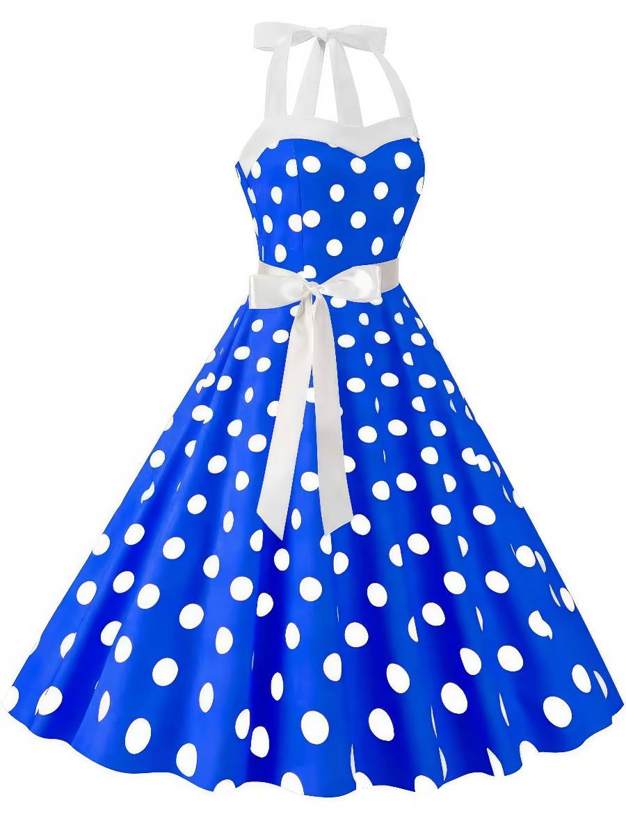 Robe Blanc Et Bleu À Pois Style Rétro Pin-Up