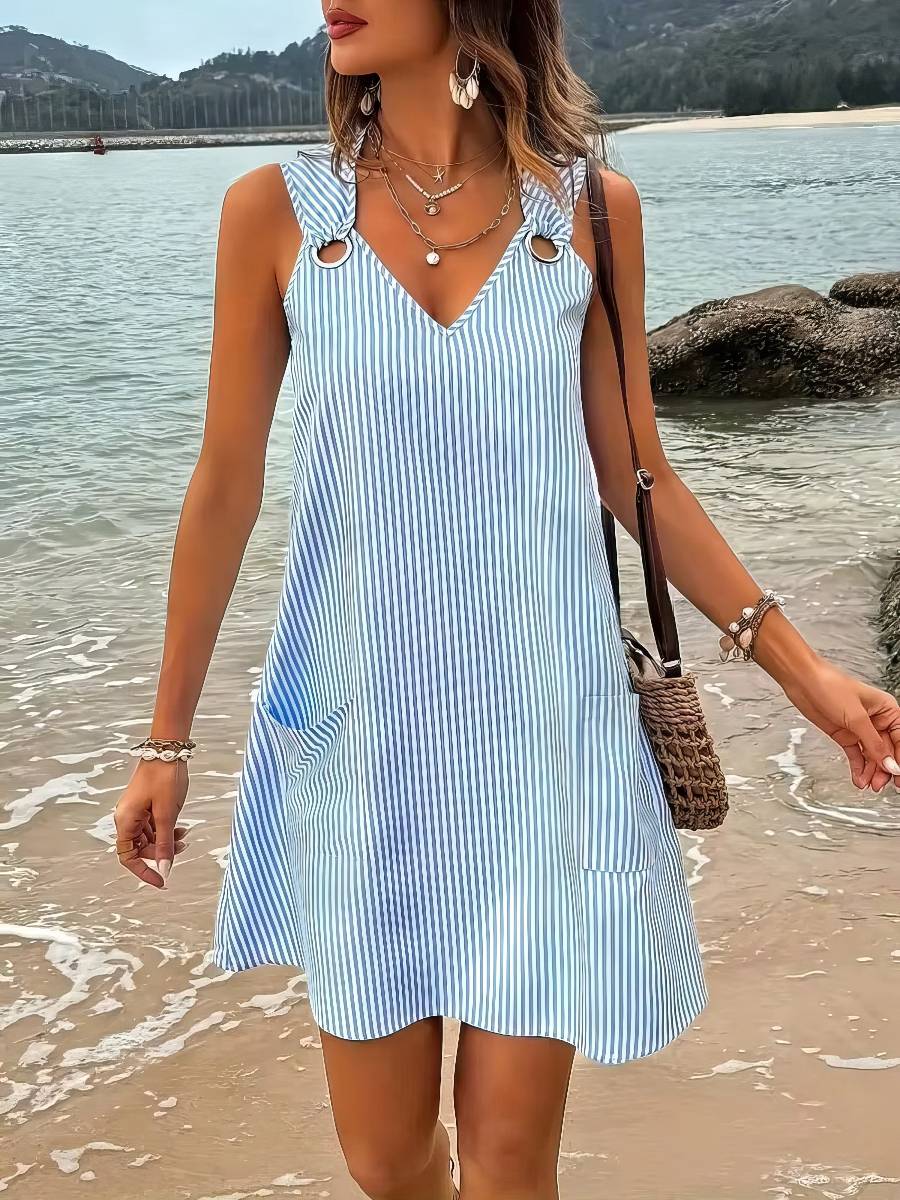 Robe Blanc Et Bleu Bicolore Courte Rayée Estivale