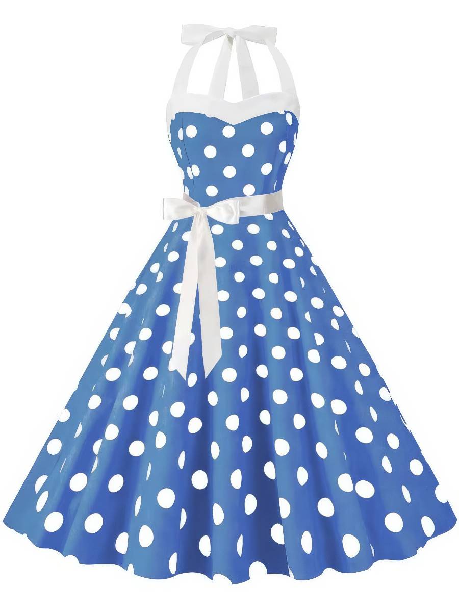 Robe Blanc Et Bleu Clair À Pois Style Rétro Pin-Up