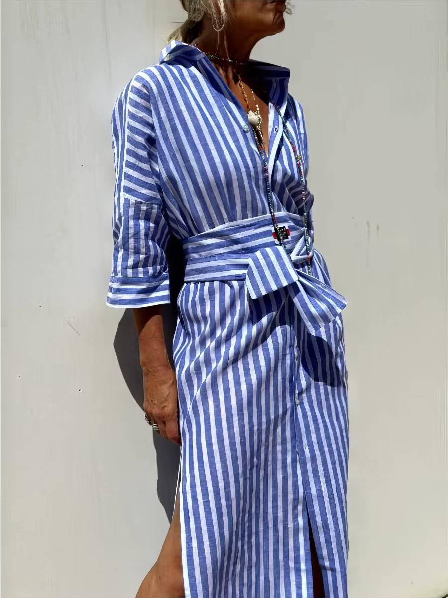 Robe Blanc Et Bleu Midi À Rayures Ceinturée Style Chemise