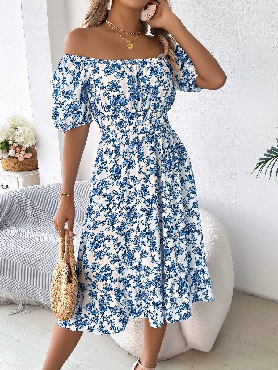 Robe Blanc Et Bleu Midi Fleurie Épaules Dénudées