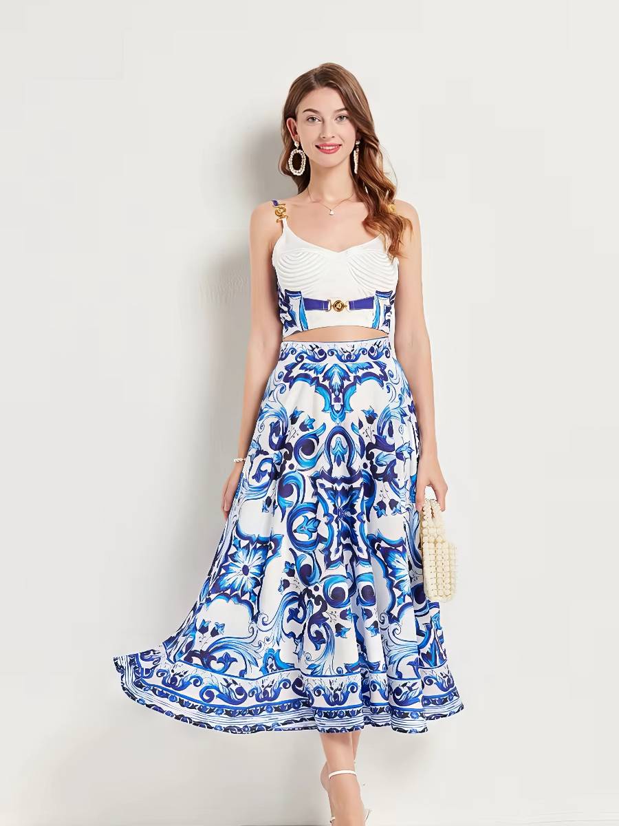 Robe Blanc Et Bleu Midi Imprimée Florale