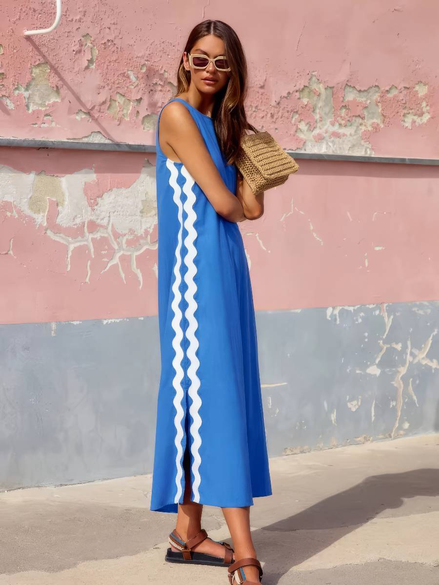 Robe Blanc Et Bleu Midi Sans Manches Style Graphique