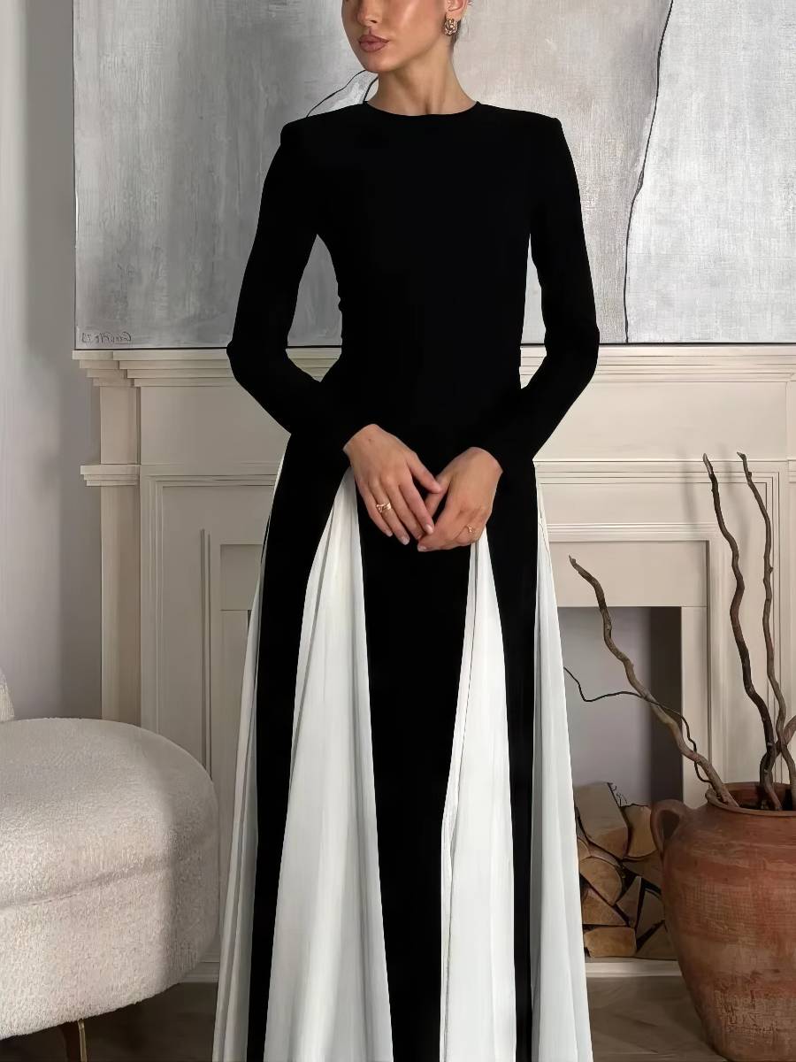 Robe Blanc Et Noir Coupe Droite Manches Longues Chic – Image 2