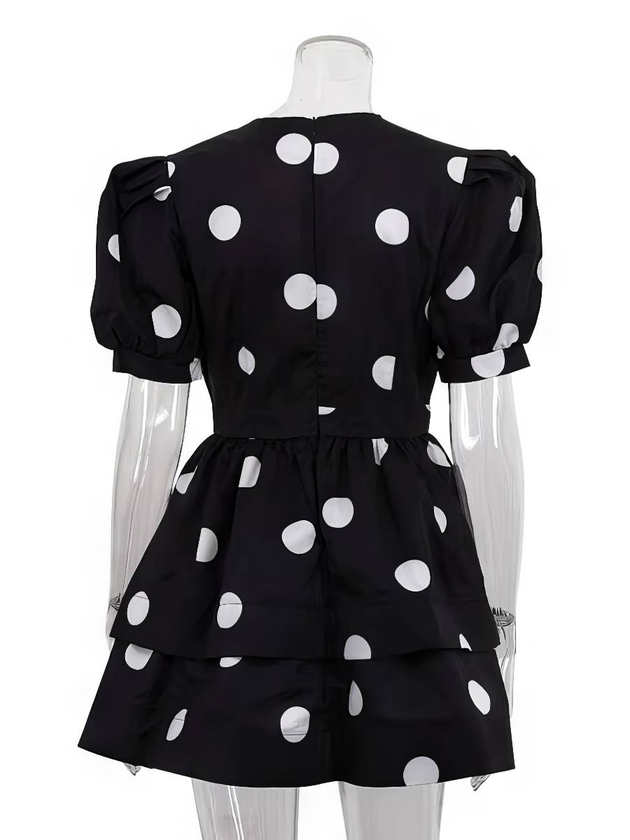 Robe Blanc Et Noir Courte À Pois Manches Bouffantes – Image 4