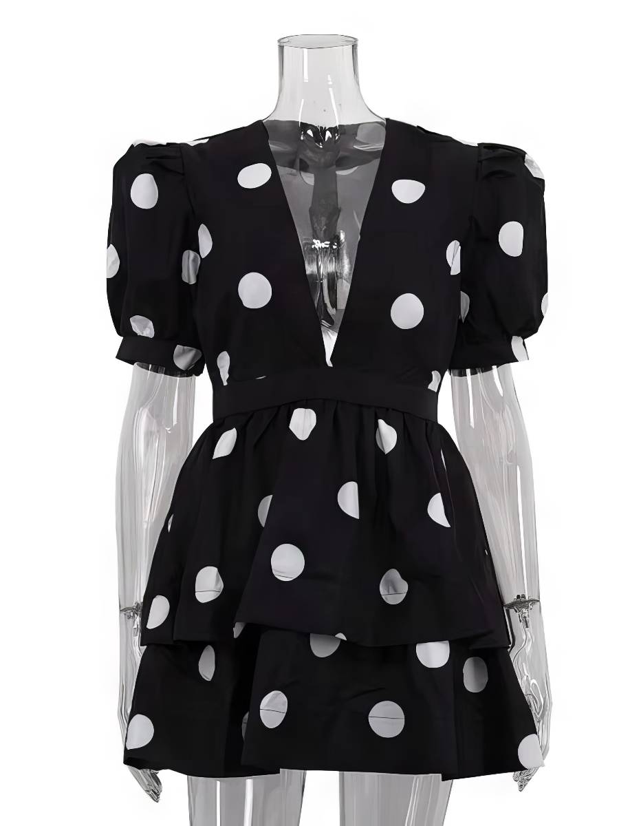 Robe Blanc Et Noir Courte À Pois Manches Bouffantes – Image 5