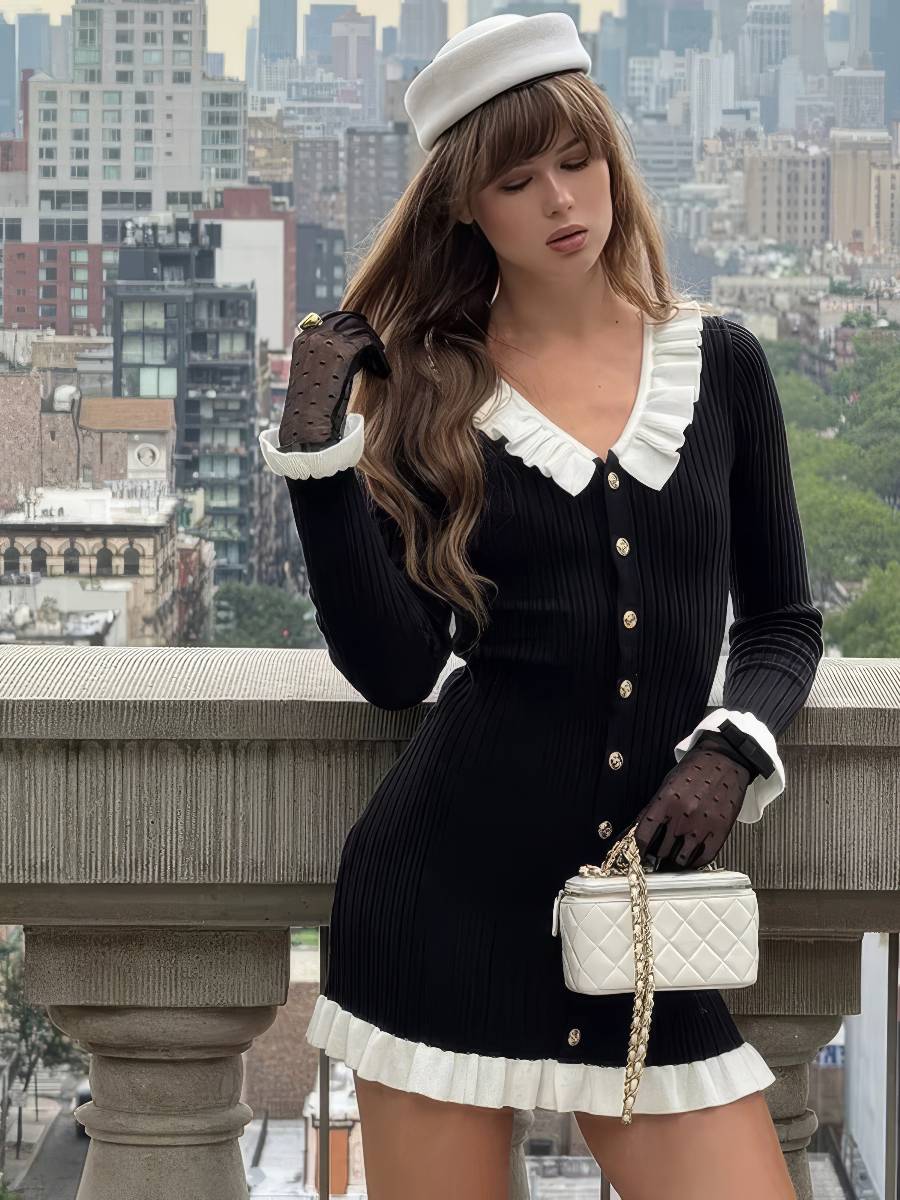 Robe Blanc Et Noir Courte À Volants Rétro Chic – Image 3