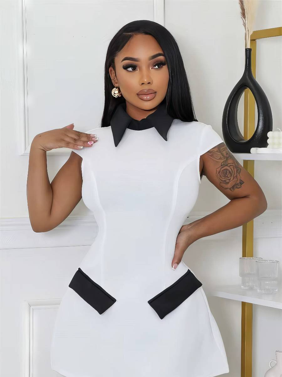 Robe Blanc Et Noir Courte Ajustée Col Chemise Élégante – Image 2