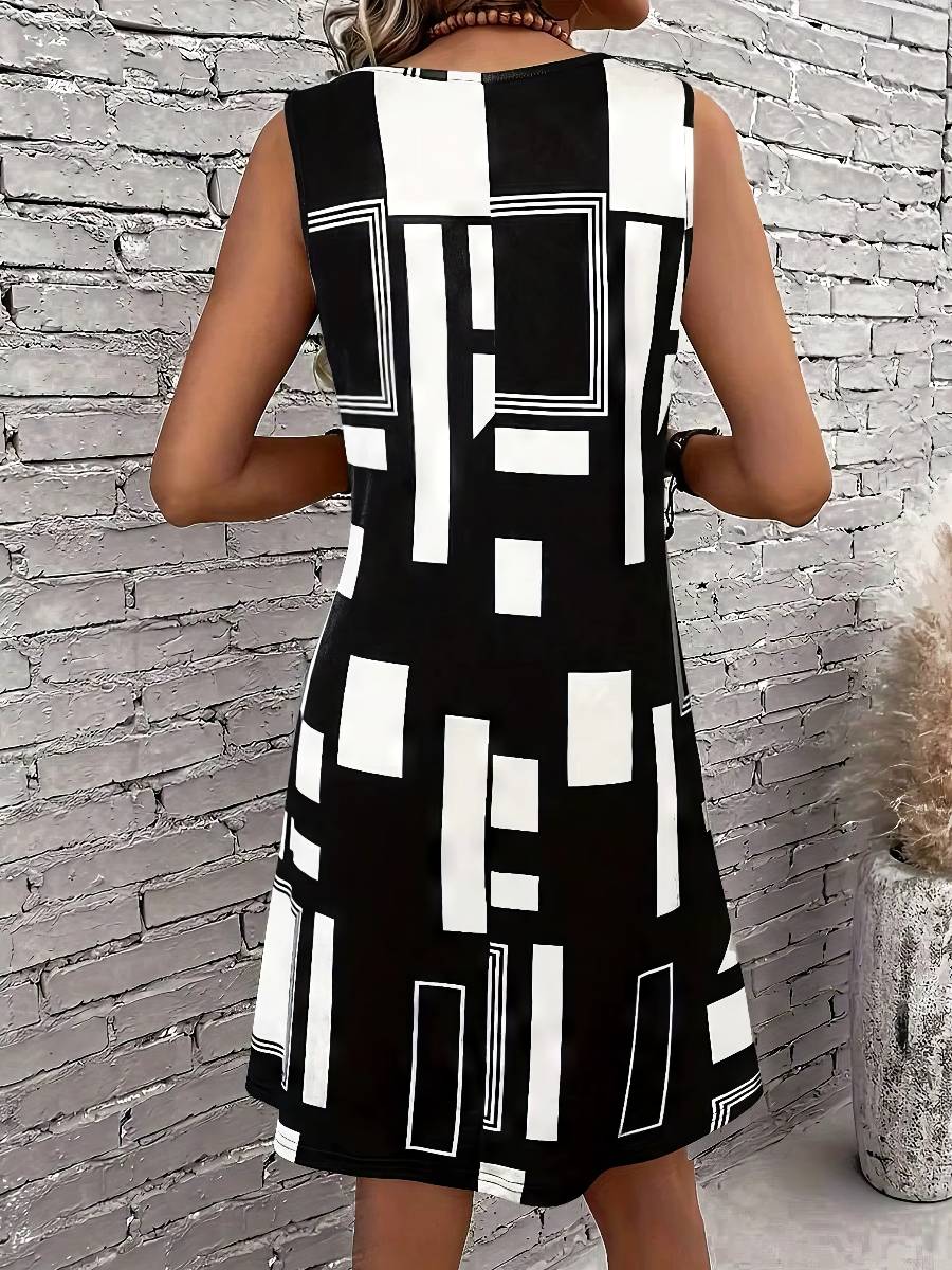 Robe Blanc Et Noir Courte Coupe Trapèze Imprimé Graphique – Image 2