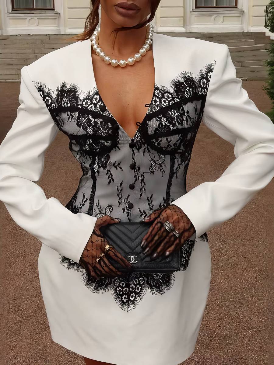 Robe Blanc Et Noir Courte Élégante Décolleté Plongeant – Image 2
