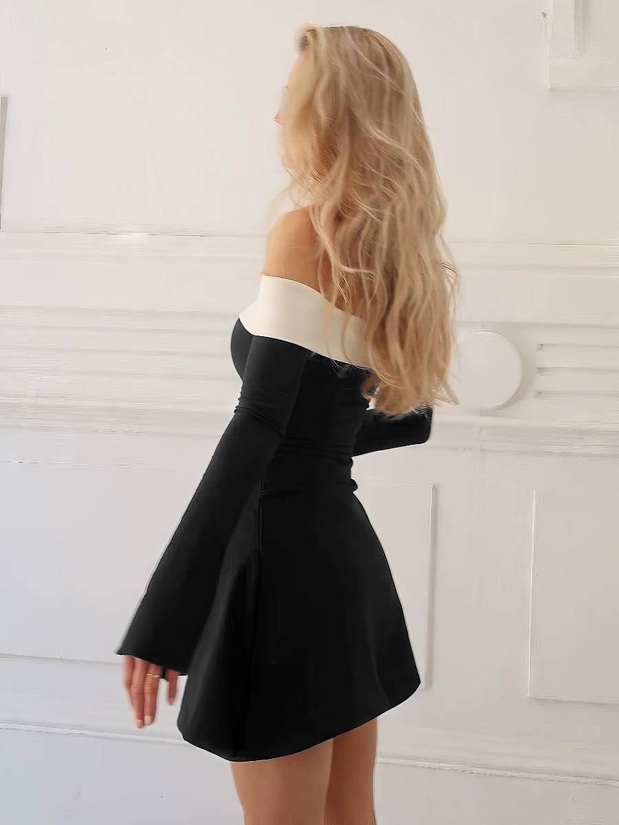 Robe Blanc Et Noir Courte Manches Évasées Élégante – Image 2