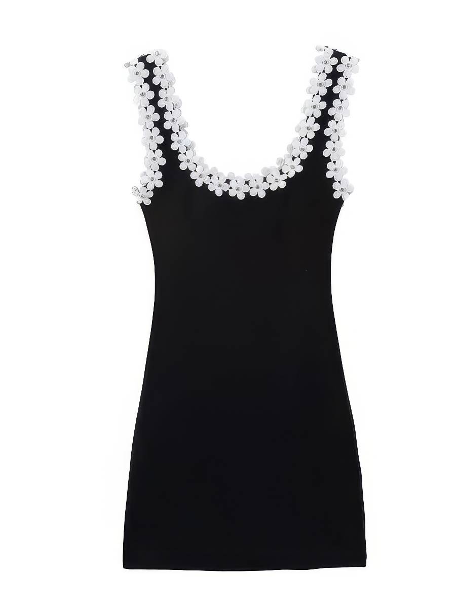 Robe Blanc Et Noir Courte Moulante À Bretelles Fleuries – Image 3