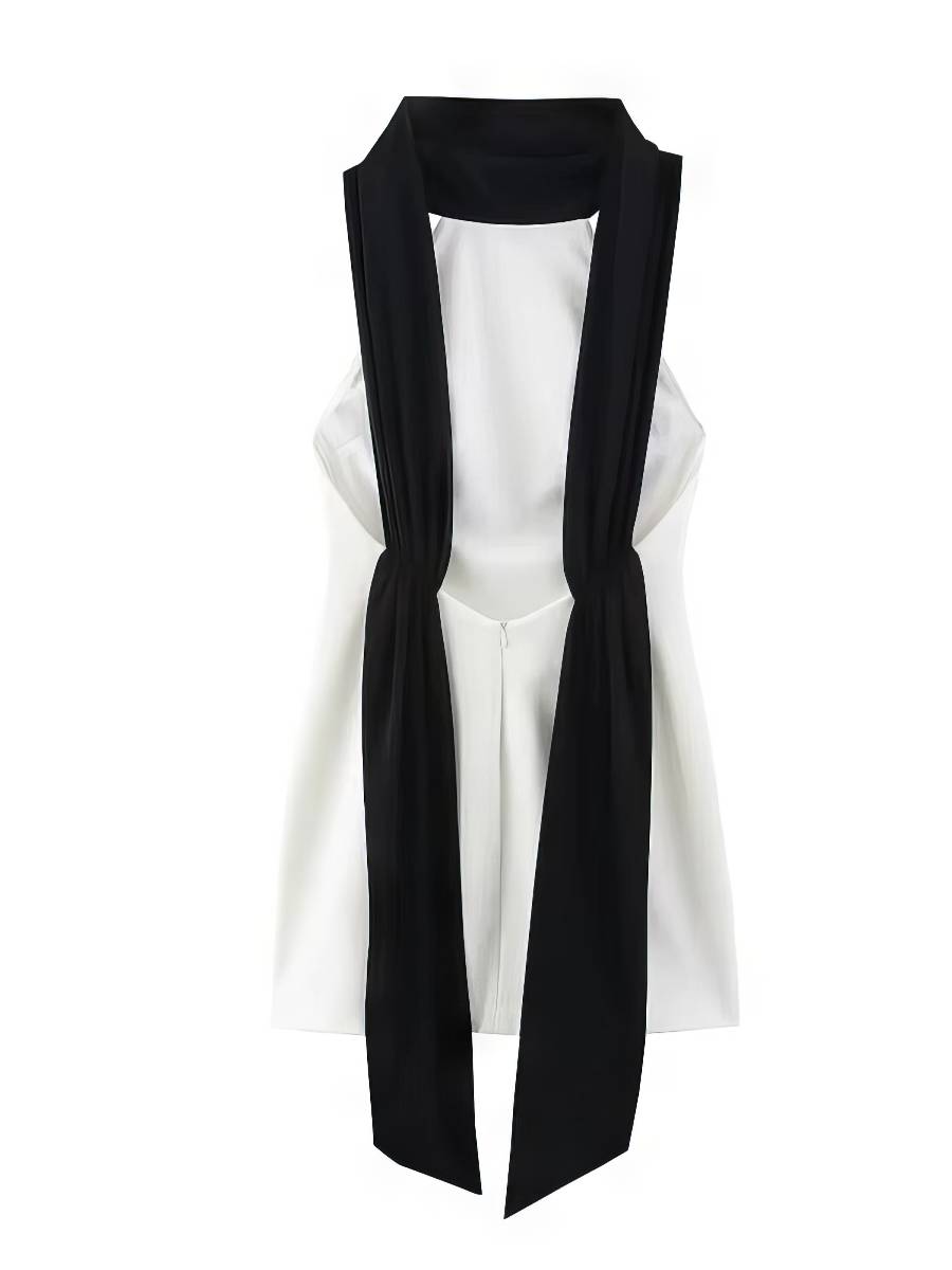 Robe Blanc Et Noir Courte Moulante Col Montant Élégante – Image 2