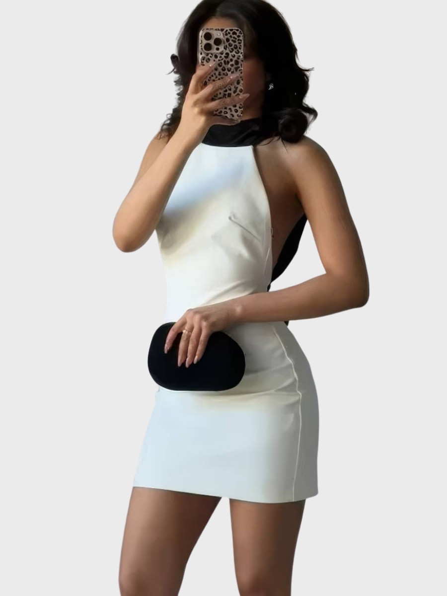 Robe Blanc Et Noir Courte Moulante Col Montant Élégante