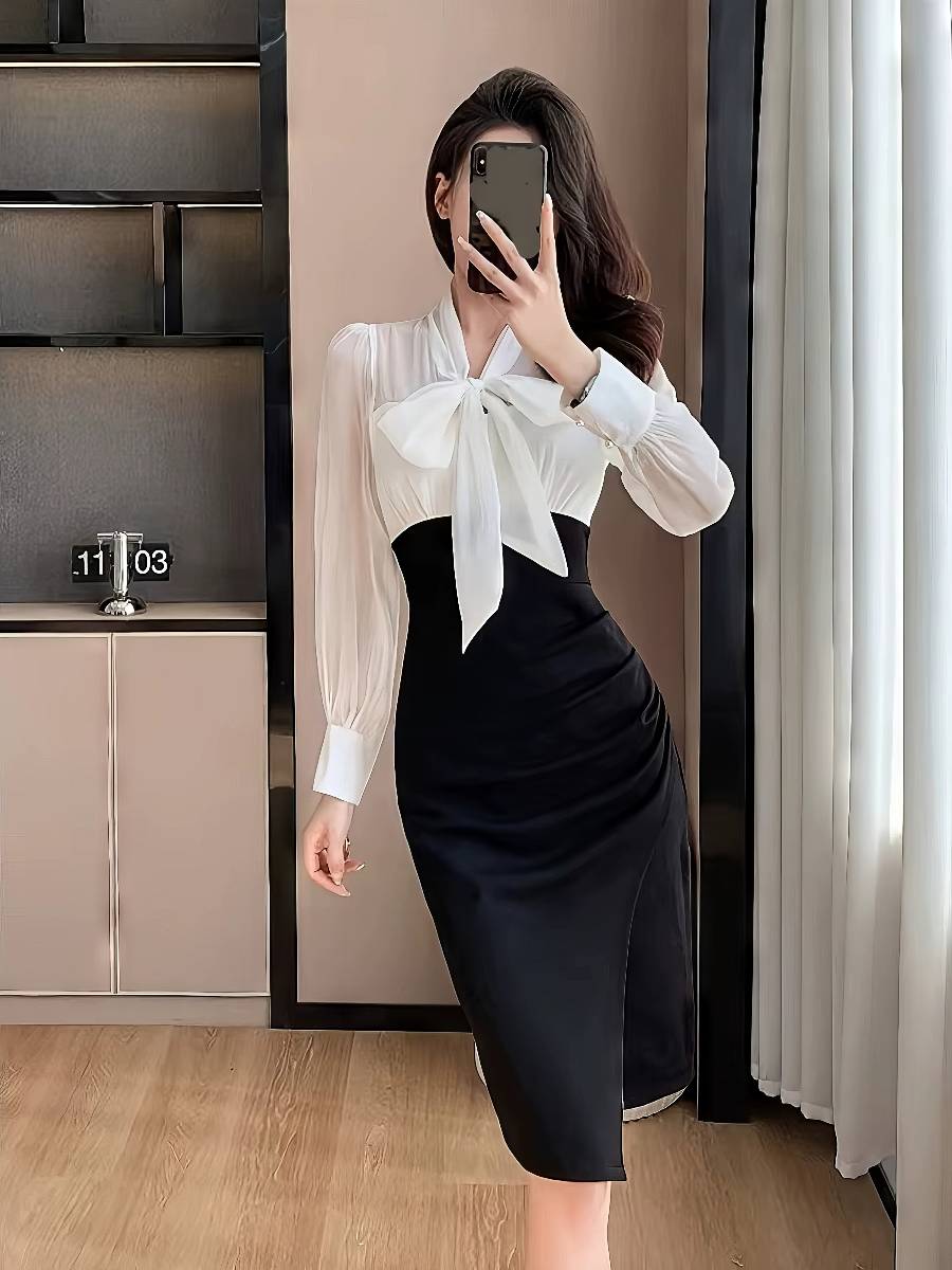 Robe Blanc Et Noir Fourreau Mi-Longue Avec Nœud Élégant – Image 3