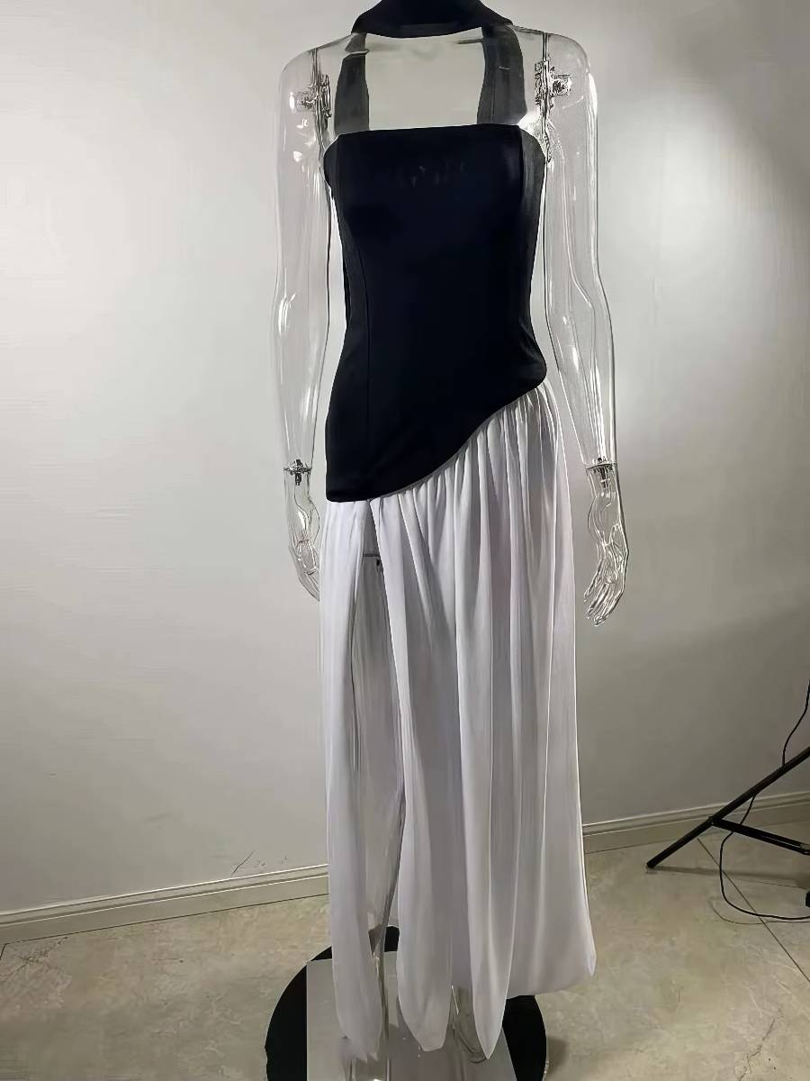 Robe Blanc Et Noir Longue À Contraste Asymétrique Noir Et Blanc – Image 4