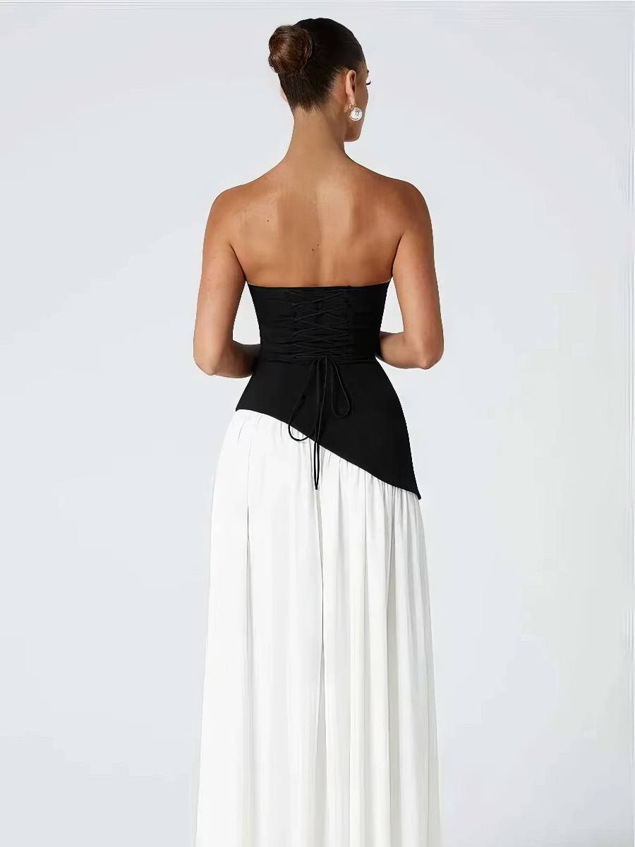 Robe Blanc Et Noir Longue À Contraste Asymétrique Noir Et Blanc – Image 3