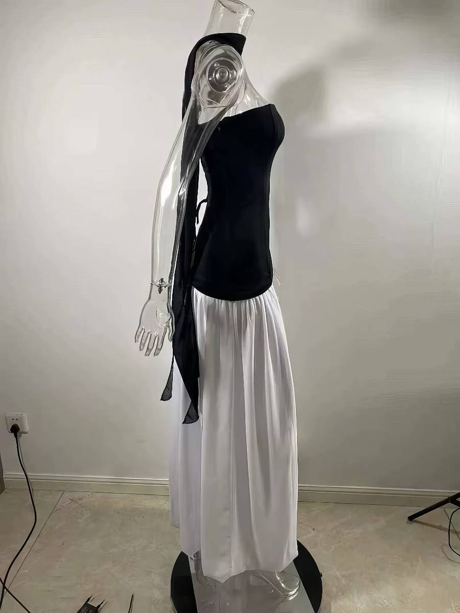 Robe Blanc Et Noir Longue À Contraste Asymétrique Noir Et Blanc – Image 5