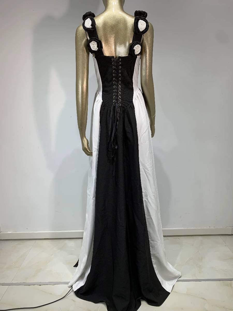 Robe Blanc Et Noir Longue À Motif Graphique Rayures Contrastées – Image 5
