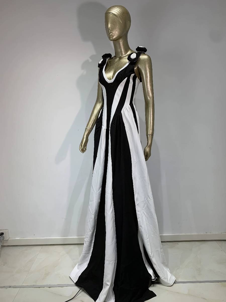 Robe Blanc Et Noir Longue À Motif Graphique Rayures Contrastées – Image 6