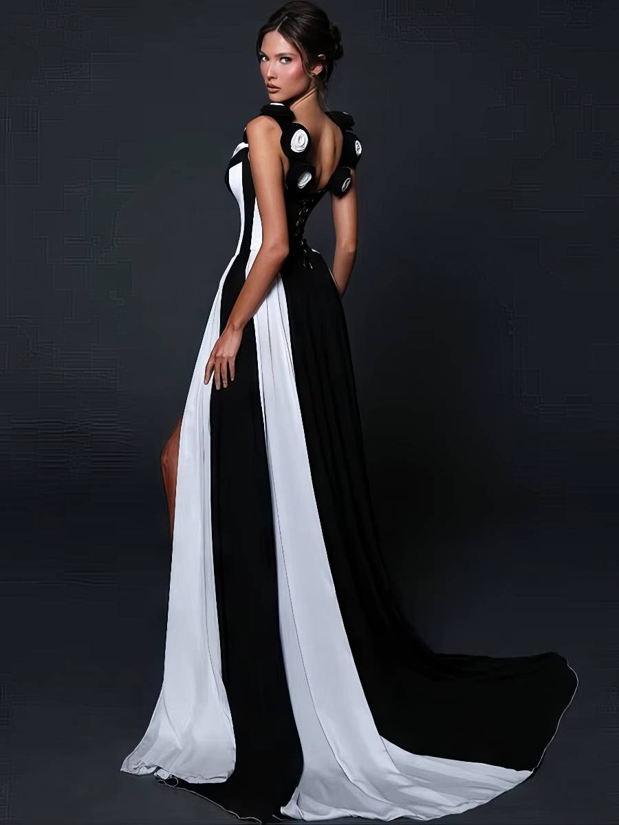 Robe Blanc Et Noir Longue À Motif Graphique Rayures Contrastées – Image 3