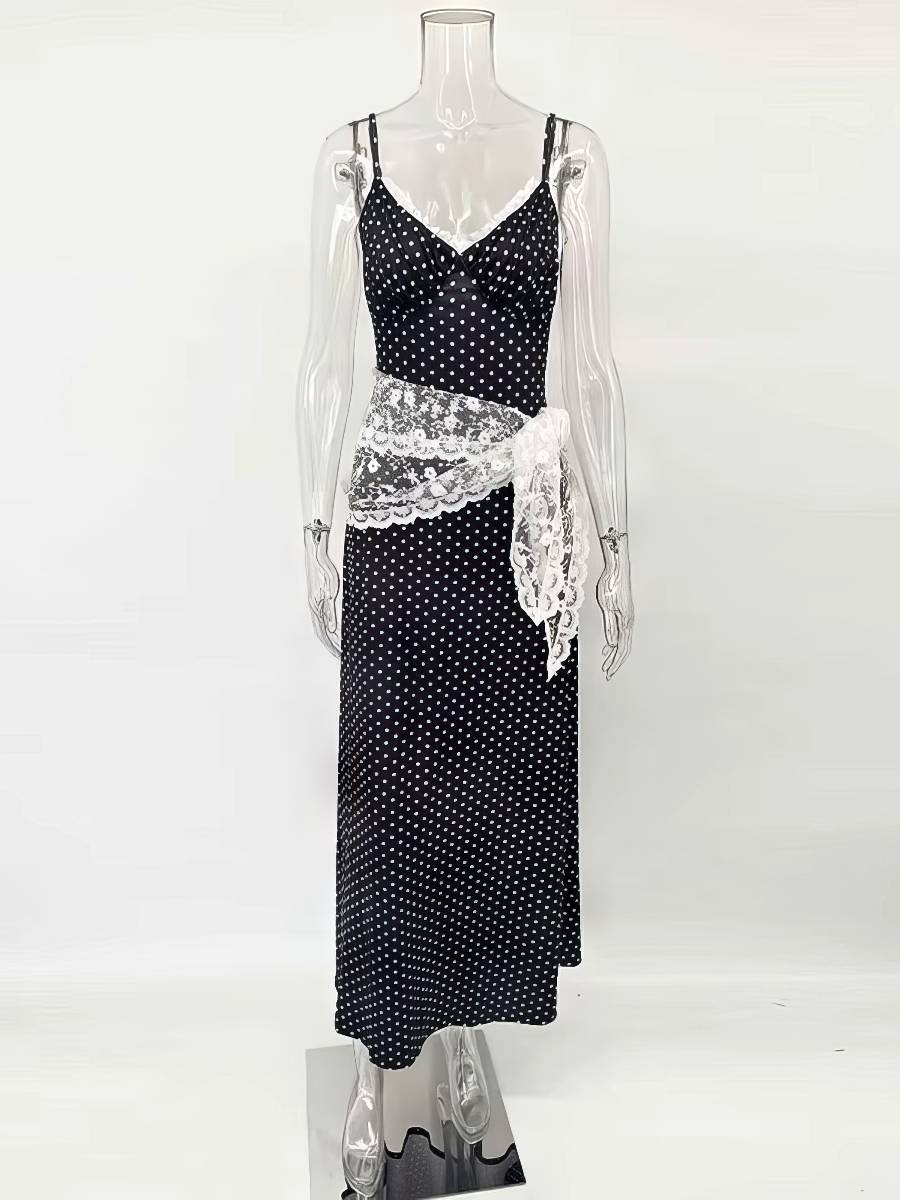 Robe Blanc Et Noir Longue À Pois Fines Bretelles – Image 4