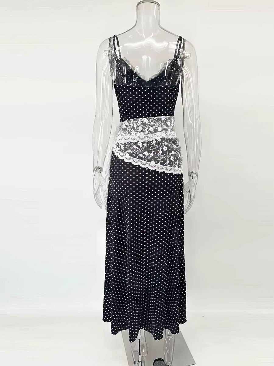 Robe Blanc Et Noir Longue À Pois Fines Bretelles – Image 6