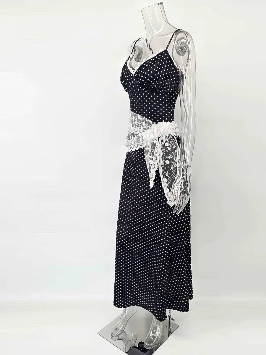 Robe Blanc Et Noir Longue À Pois Fines Bretelles – Image 3