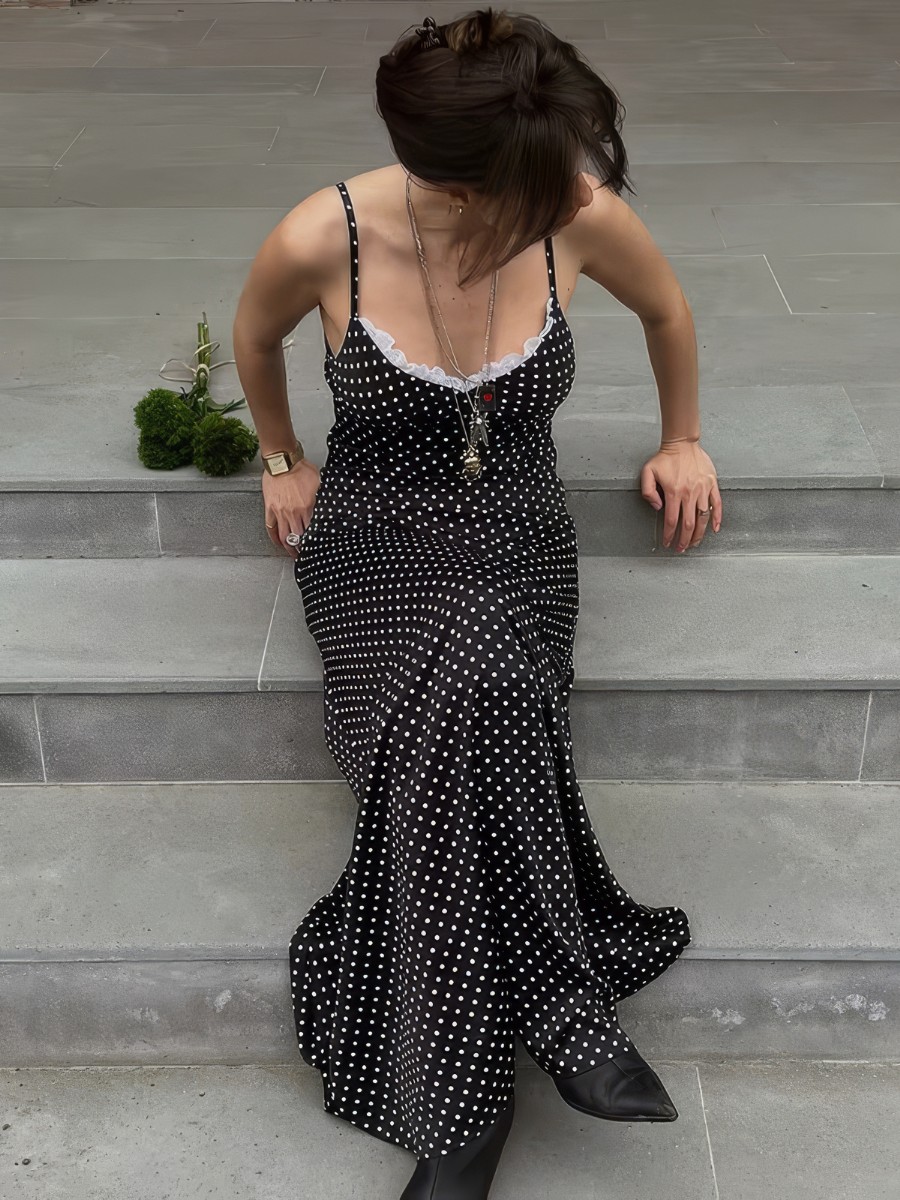 Robe Blanc Et Noir Longue À Pois Fines Bretelles – Image 2