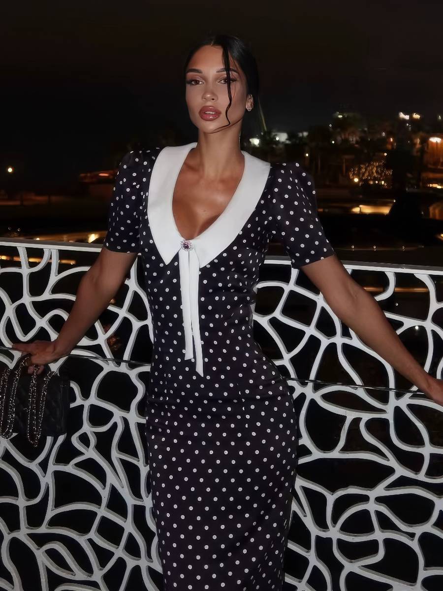 Robe Blanc Et Noir Longue À Pois Manches Courtes – Image 2