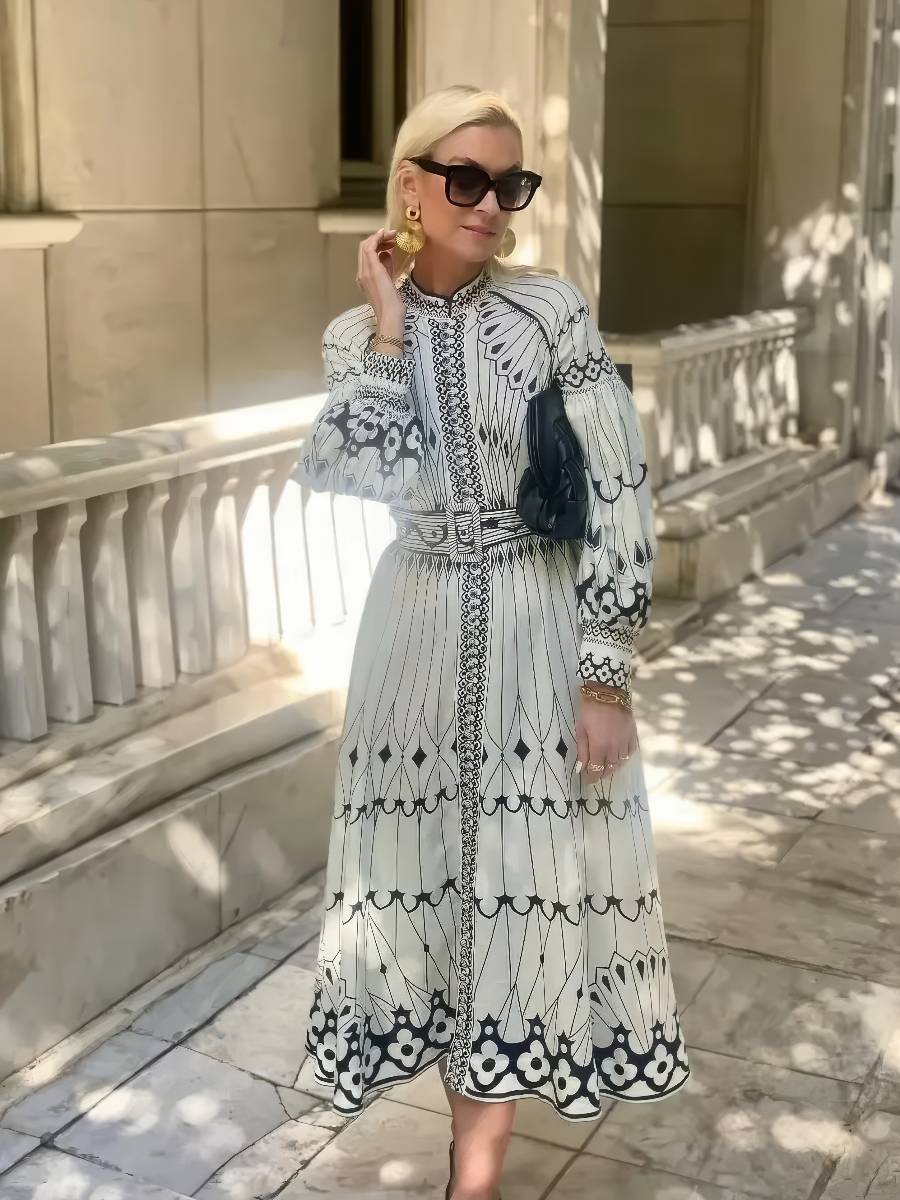 Robe Blanc Et Noir Longue Imprimée Graphique Moderne