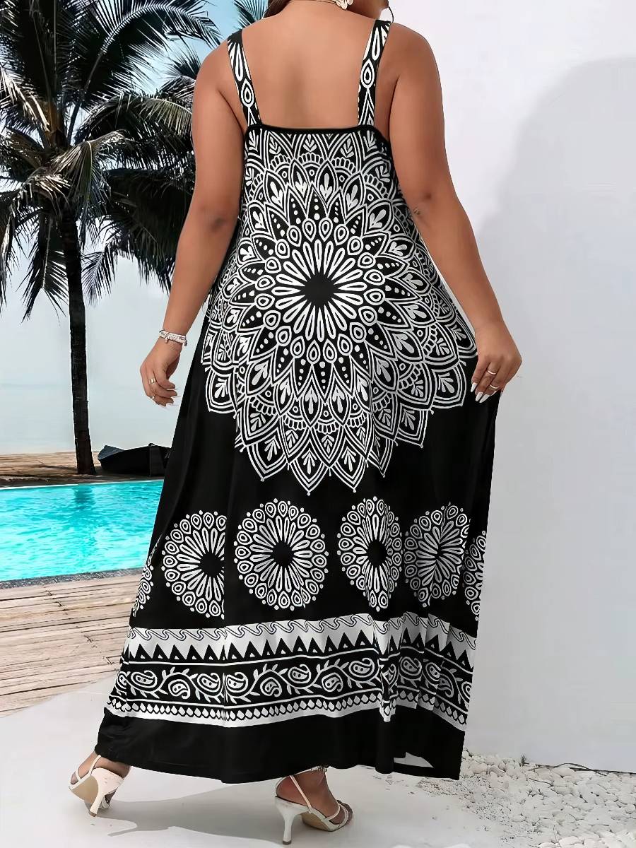 Robe Blanc Et Noir Longue Imprimée Mandala – Image 2