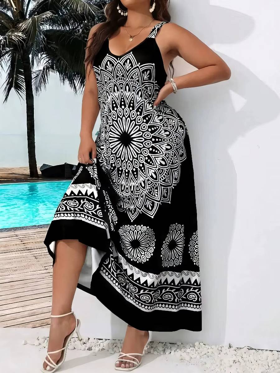 Robe Blanc Et Noir Longue Imprimée Mandala – Image 3
