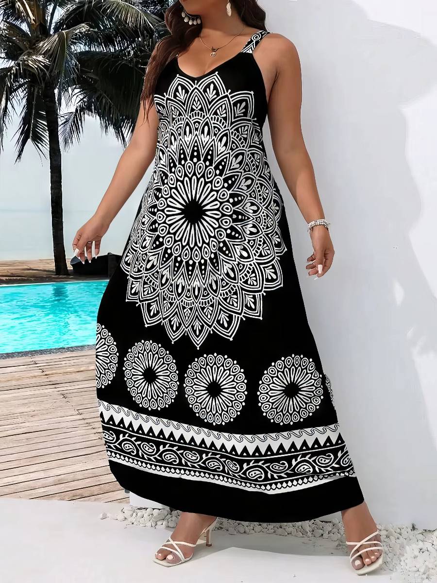 Robe Blanc Et Noir Longue Imprimée Mandala