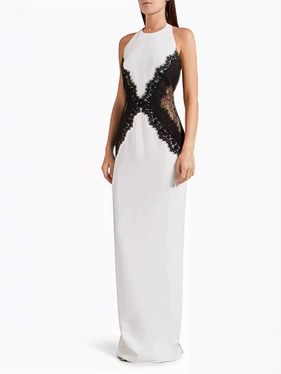 Robe Blanc Et Noir Longue Moulante Élégante En Dentelle – Image 6