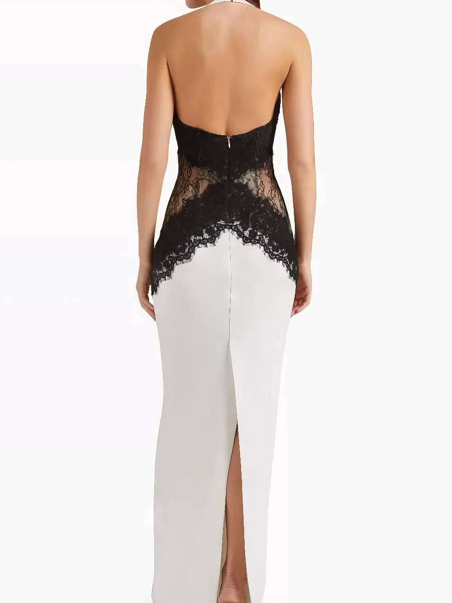 Robe Blanc Et Noir Longue Moulante Élégante En Dentelle – Image 7