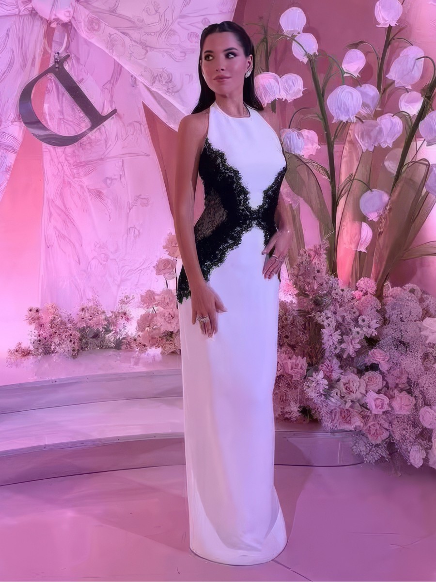 Robe Blanc Et Noir Longue Moulante Élégante En Dentelle – Image 2