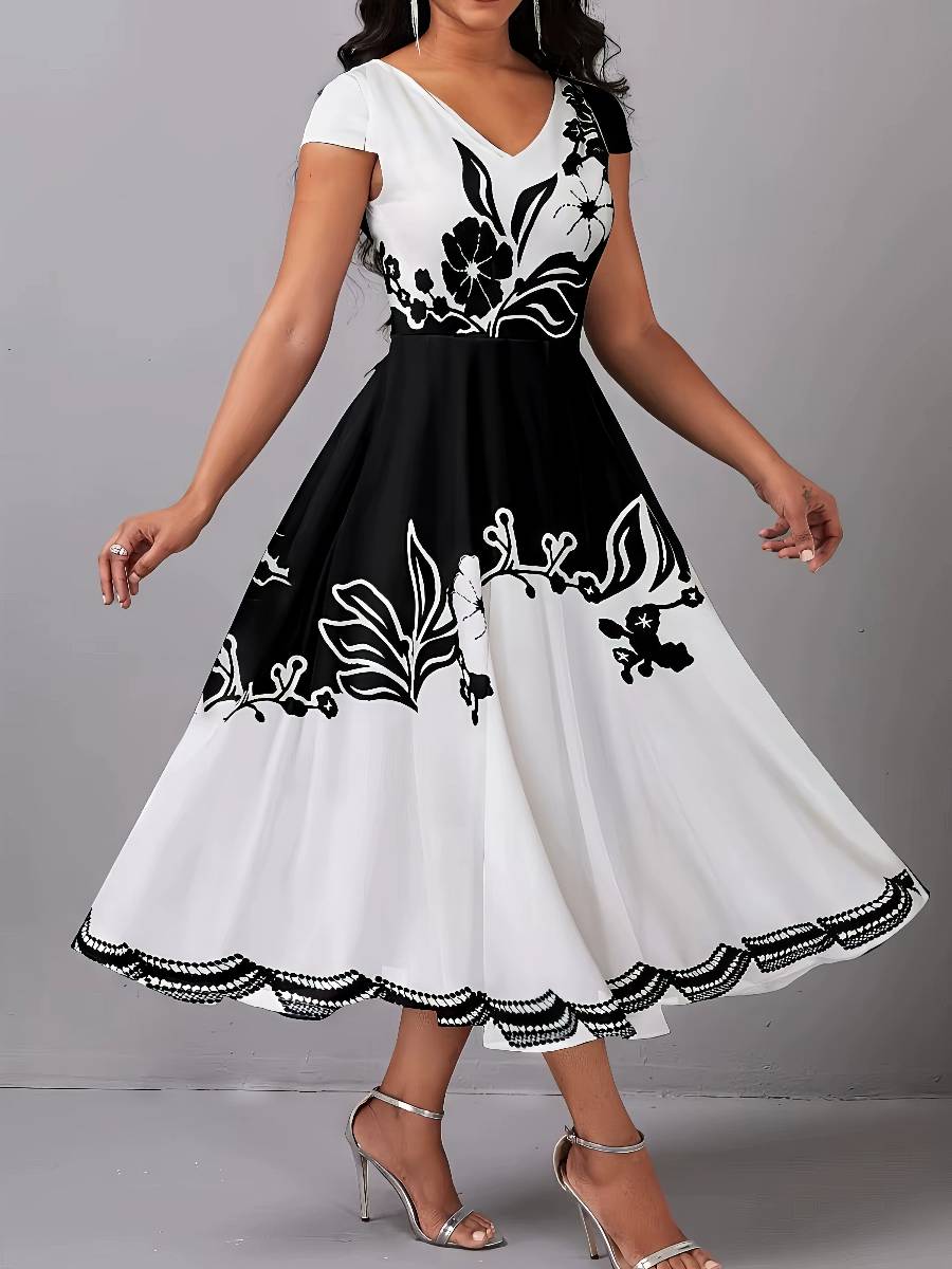 Robe Blanc Et Noir Mi-Longue Fleurie Coupe Évasée