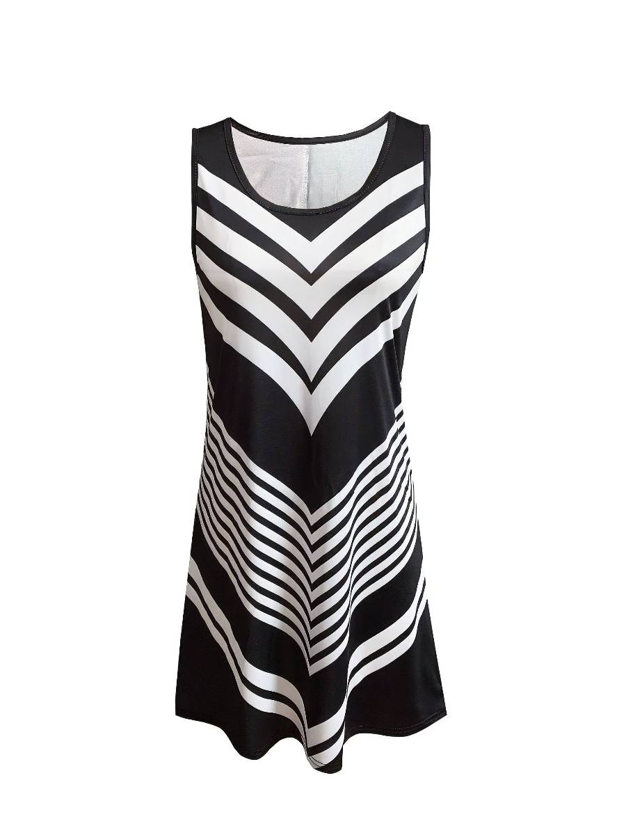 Robe Blanc Et Noir Mi-Longue Fluide Rayures Graphiques – Image 3