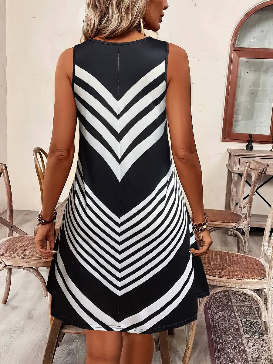 Robe Blanc Et Noir Mi-Longue Fluide Rayures Graphiques – Image 2