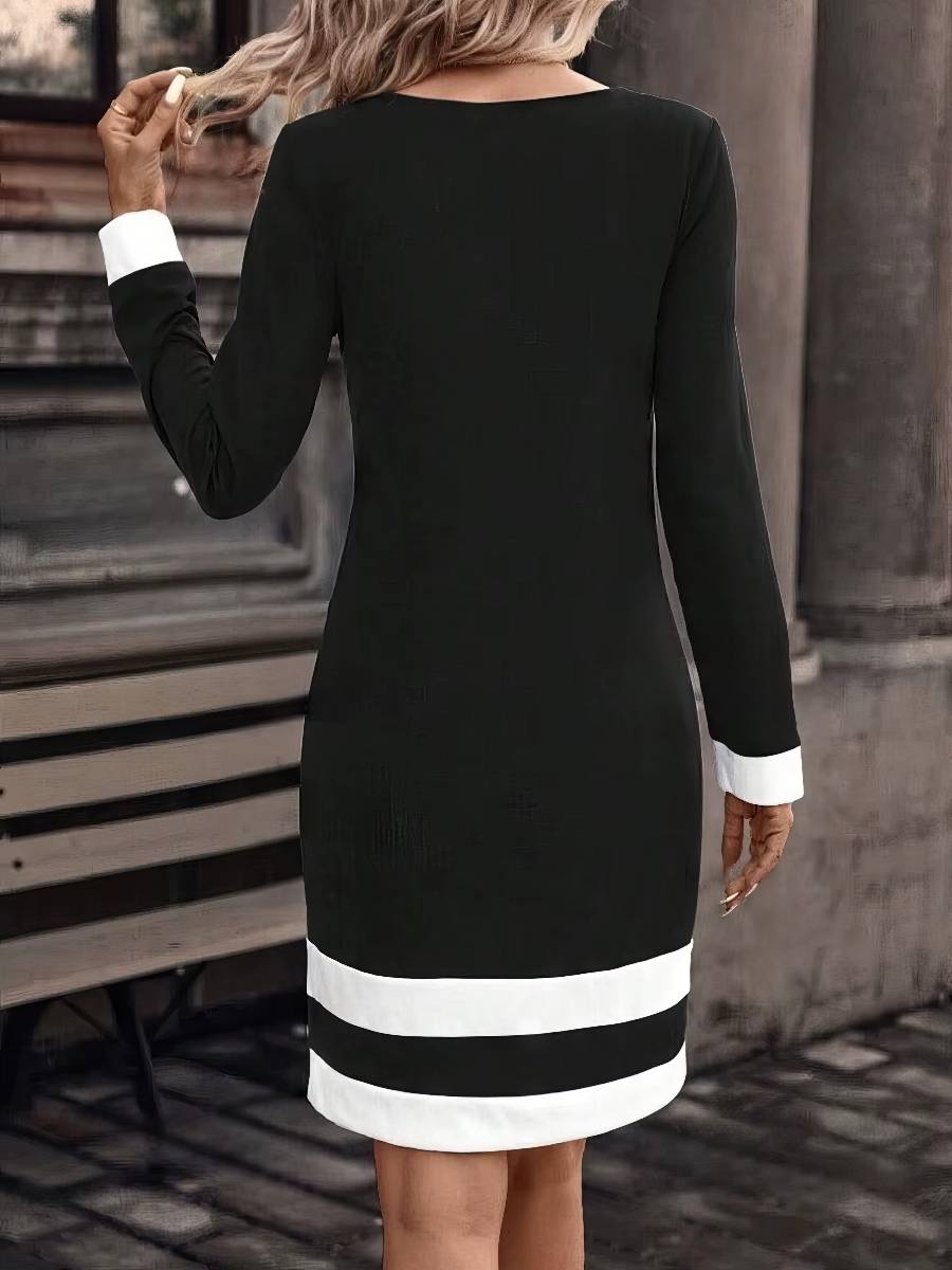 Robe Blanc Et Noir Mi-Longue Manches Longues Élégante – Image 3