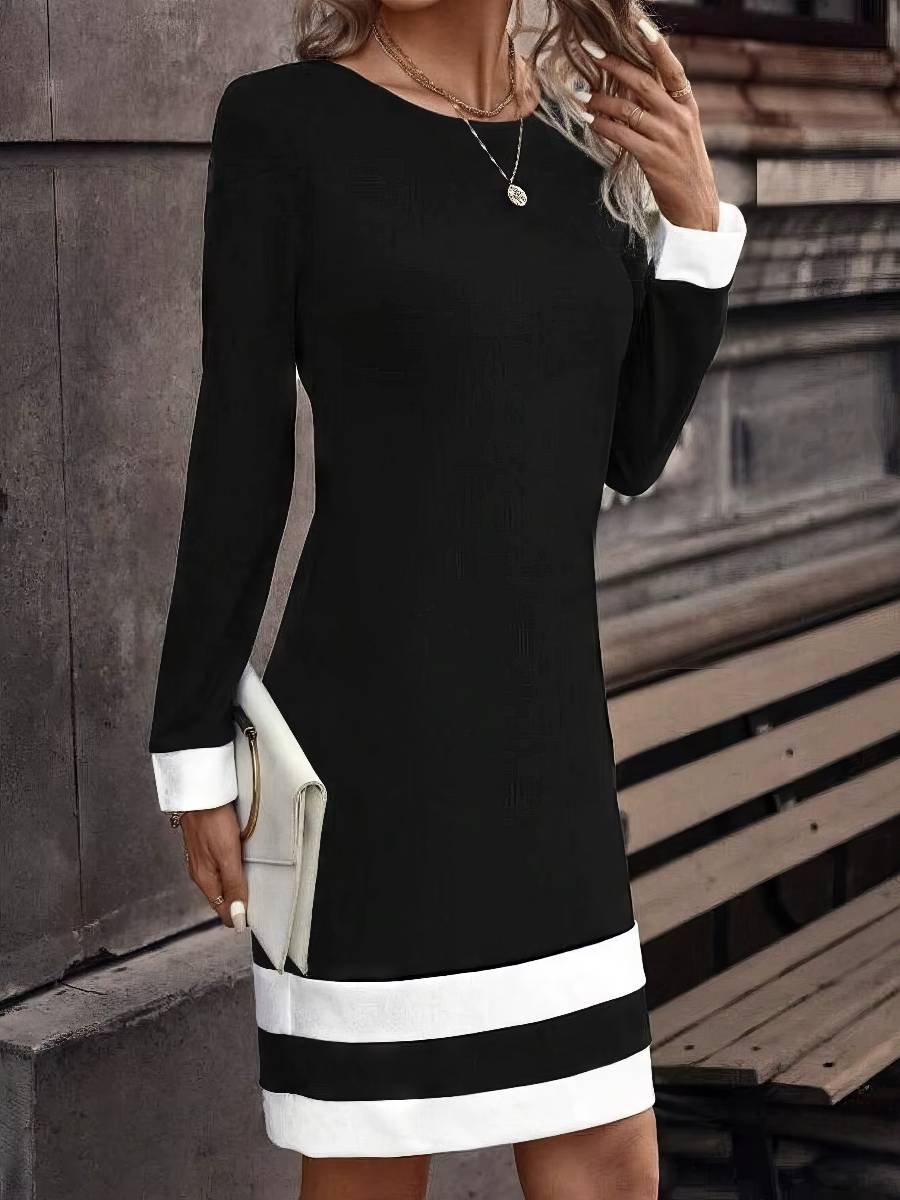 Robe Blanc Et Noir Mi-Longue Manches Longues Élégante – Image 4