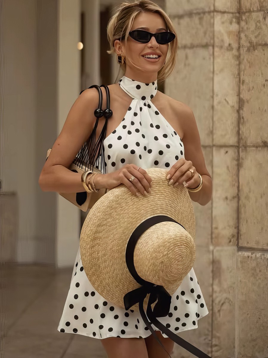 Robe Blanc Et Noir Robe À Pois Col Montant – Image 2